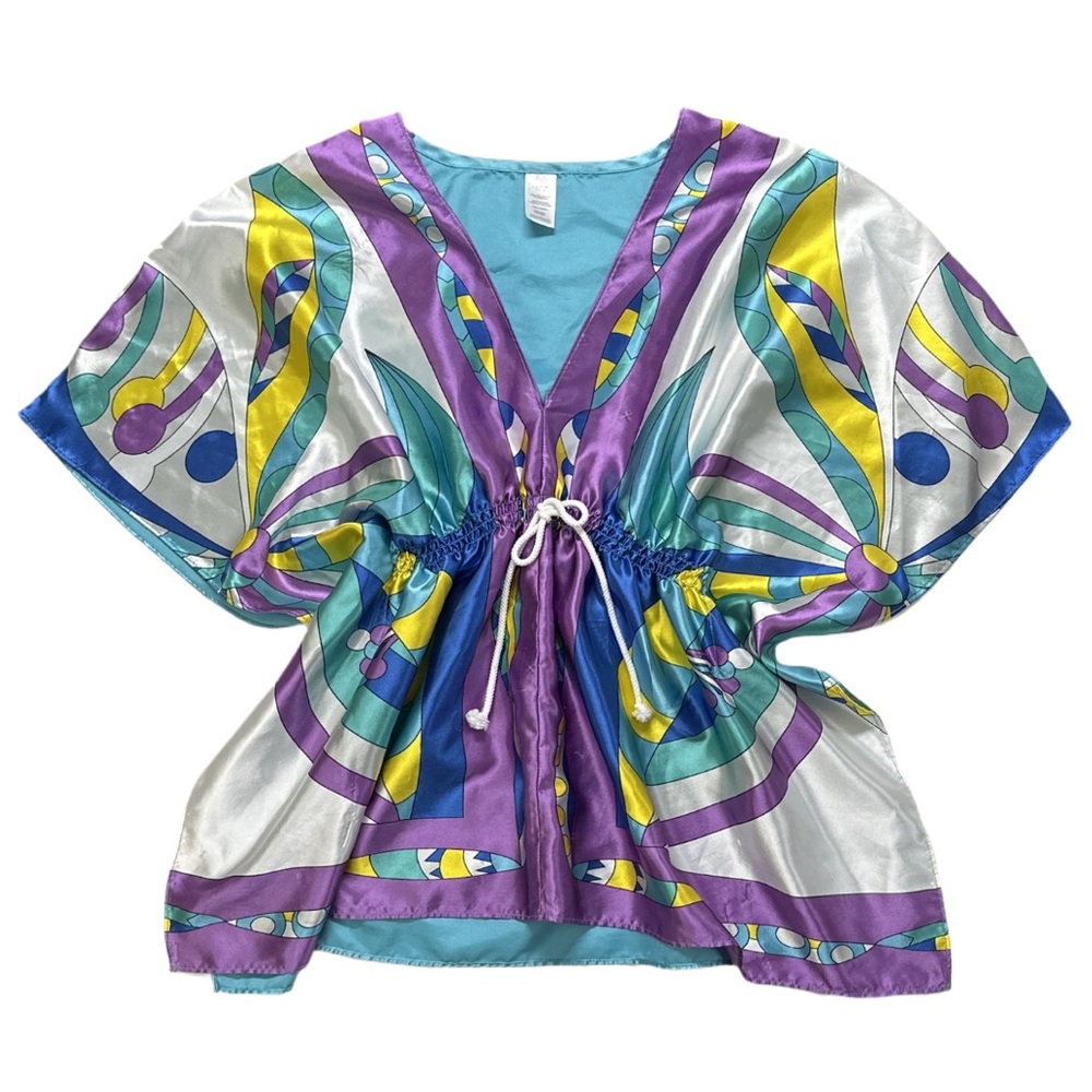Y2K style women's silky multi coloured butterfly design swim coverup top, S-M.